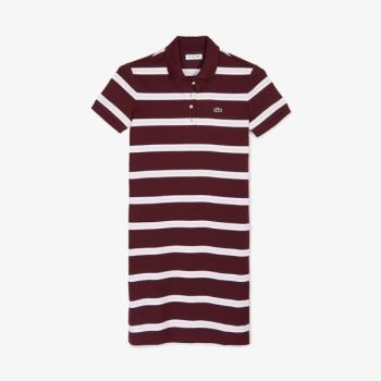 Lacoste Striped Stretch Cotton Polo Dress Dámské - Šaty Tmavě Červené / Světle Růžové / Bílé | CZ-uy